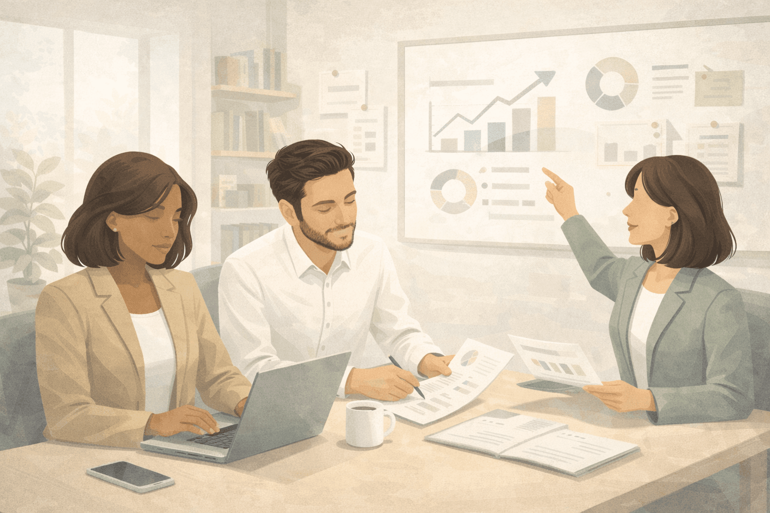 Therapist or practice owner in a collaborative setting reviewing documents with team member