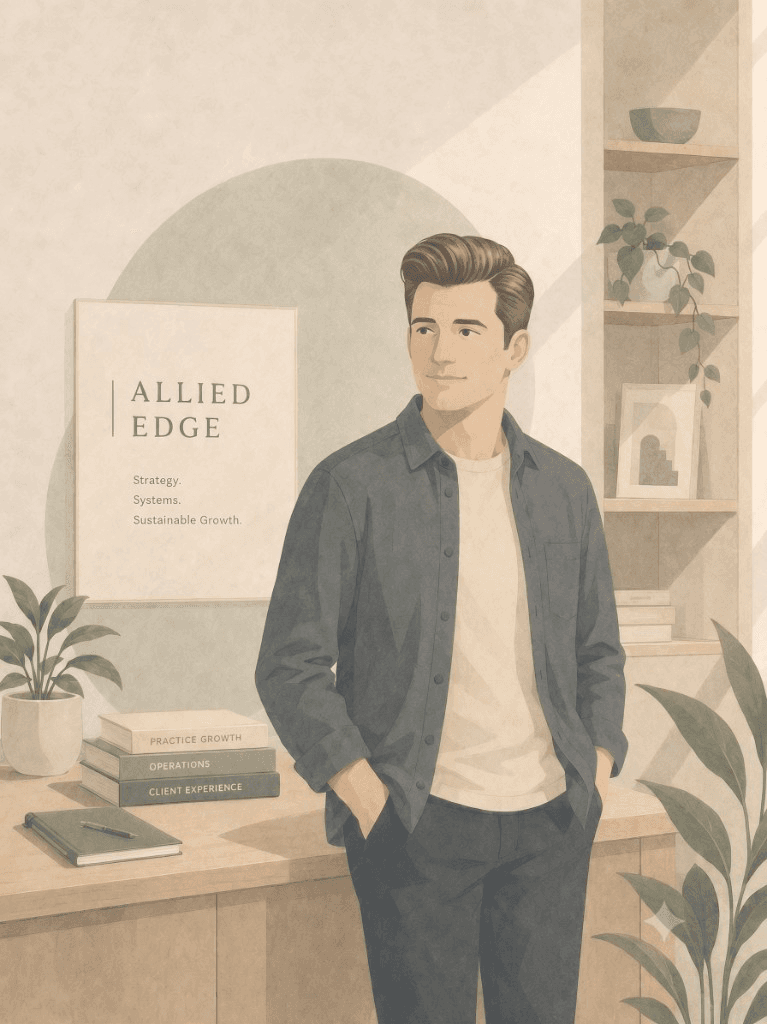 Eric, founder of Allied Edge, in a professional office with resources for scaling therapy practices