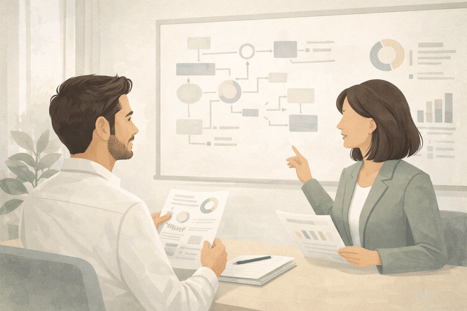 Strategic consultation session with two professionals reviewing systems and practice growth strategies