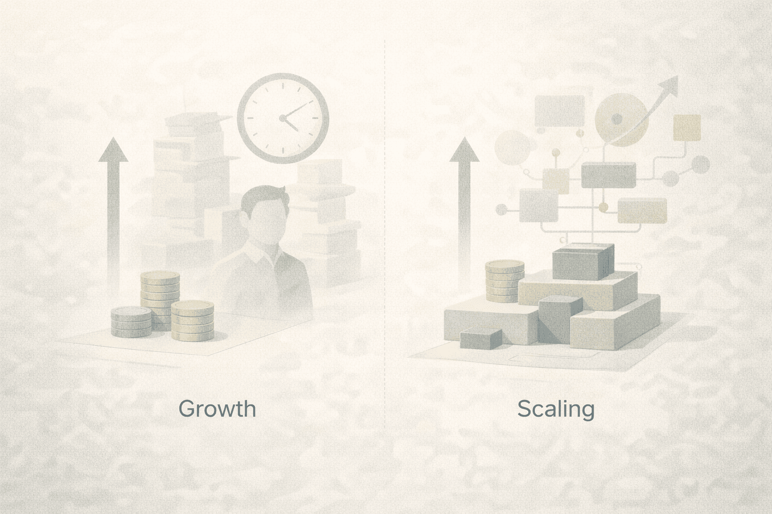 Comparison of growth (more revenue with overwhelming workload) versus scaling (organized systems and capacity) in a therapy practice