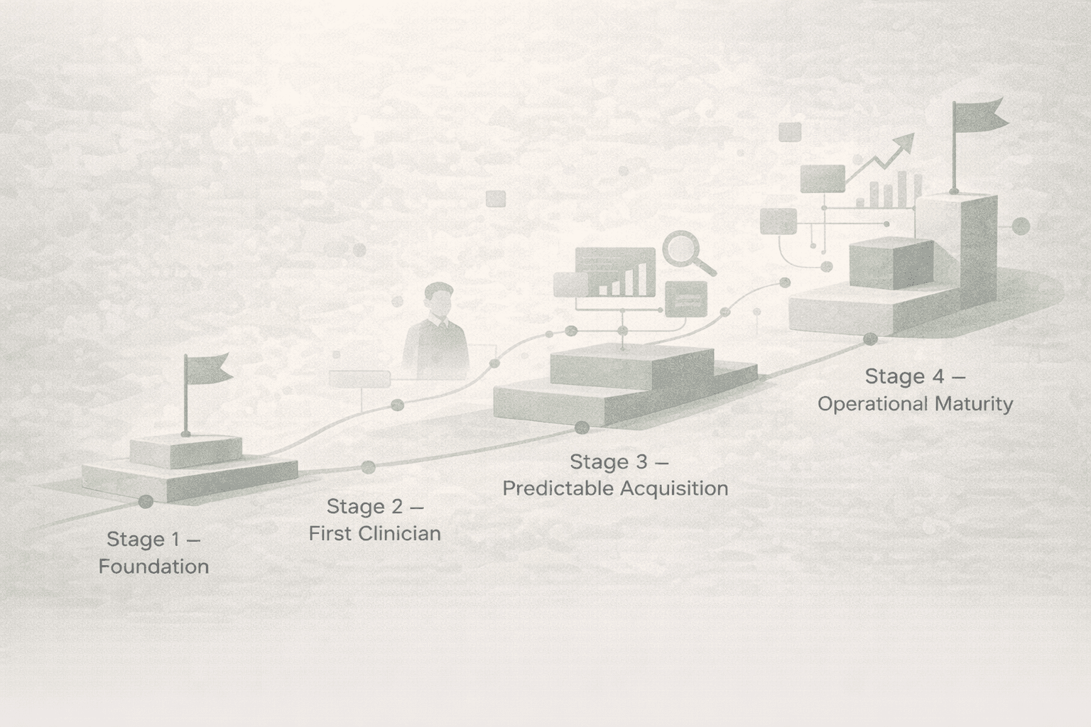 Four-stage roadmap from foundation through operational maturity for scaling a group therapy practice