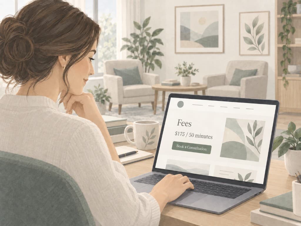Therapist reviewing a clinic fees page and booking button on a laptop in a calm practice office.