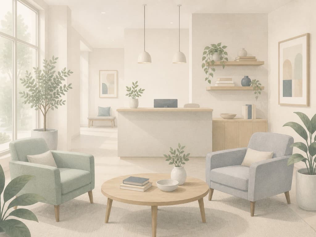 Calm clinic reception lounge representing the practice brand social posts should match.