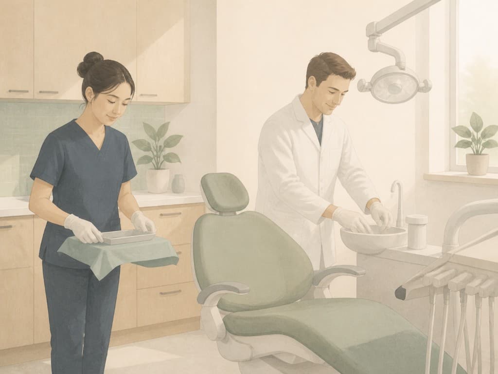Dentist and dental assistant preparing a modern treatment room with a sage dental chair