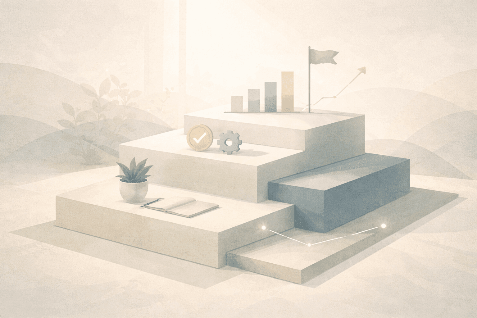 Creative illustration demonstrating therapy practice growth with ascending steps, charts, and planning elements