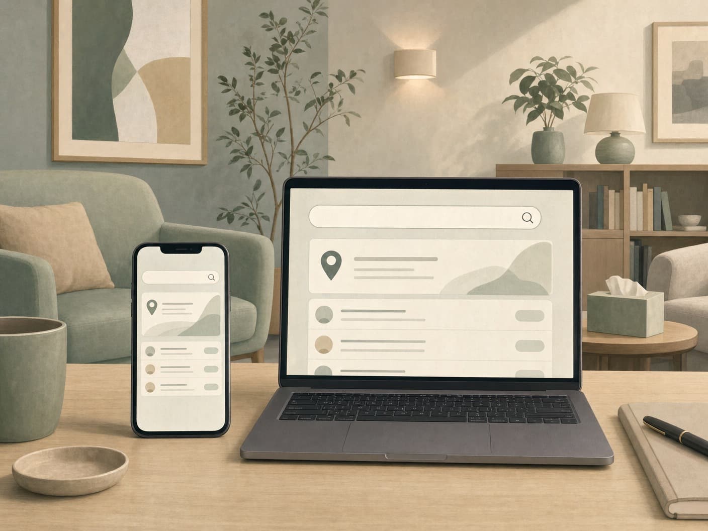 Phone and laptop showing soft search-answer shapes in a calm clinic office