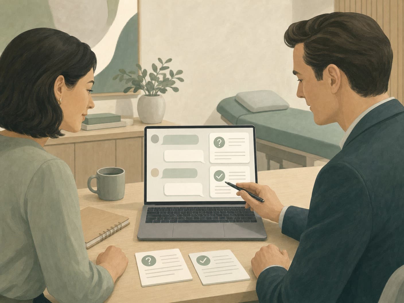 Clinic owner and consultant reviewing AI search answers on a laptop with Q&A note cards