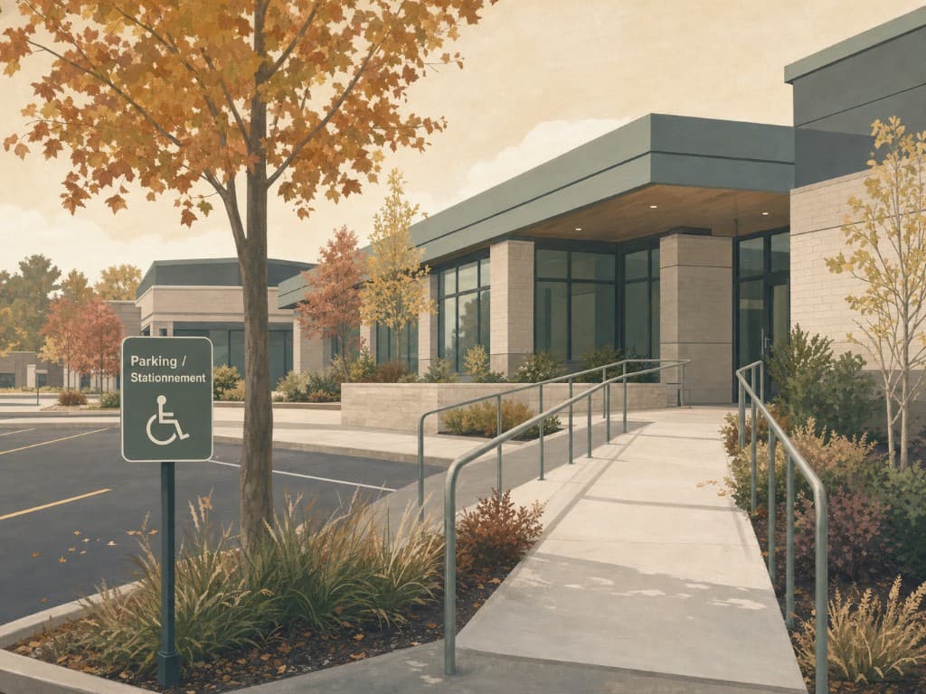 Modern Ontario clinic exterior with bilingual parking signage and accessibility ramp