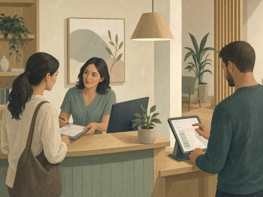 Busy allied health reception with a booking tablet and warm wood tones