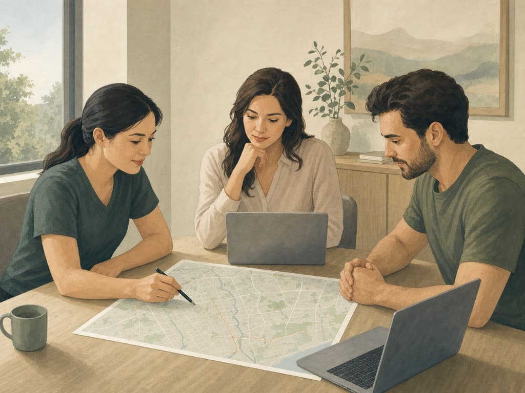 Allied health clinic team planning local marketing around a map of Ontario