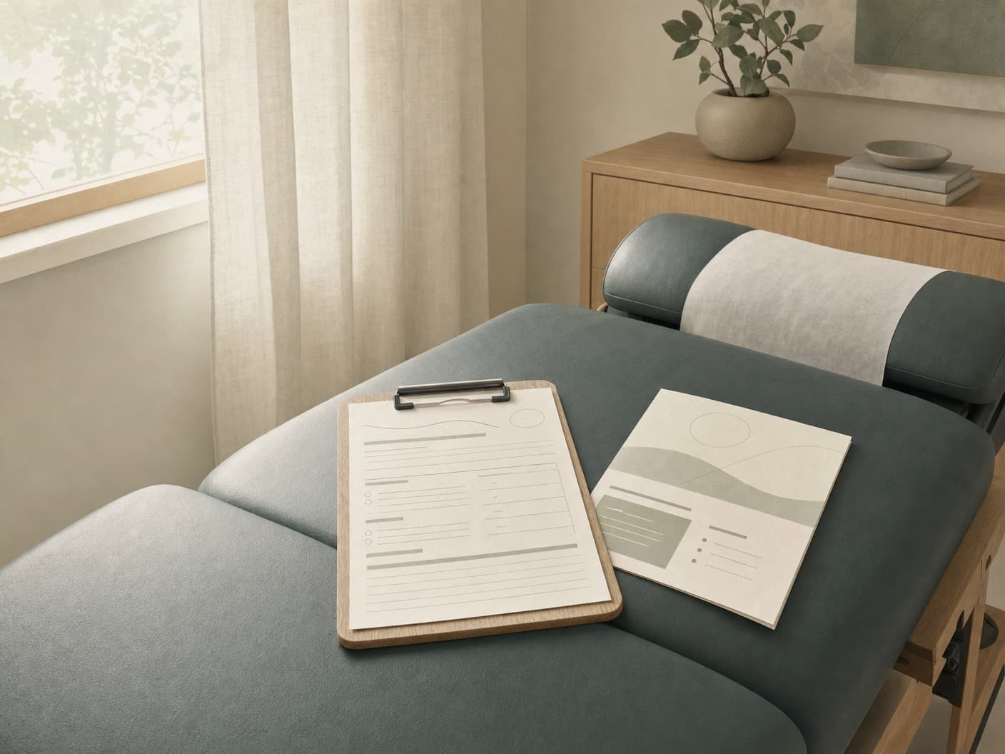 New-patient clipboard and fee sheet on a chiropractic treatment table