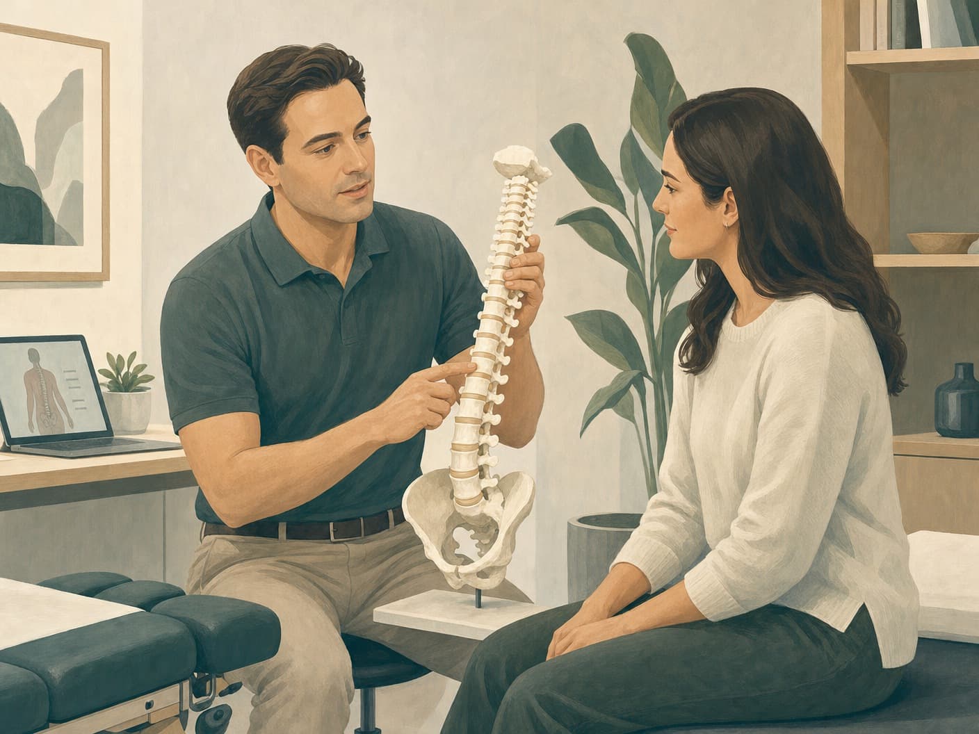 Chiropractor explaining a spine model to a seated patient in a calm treatment room
