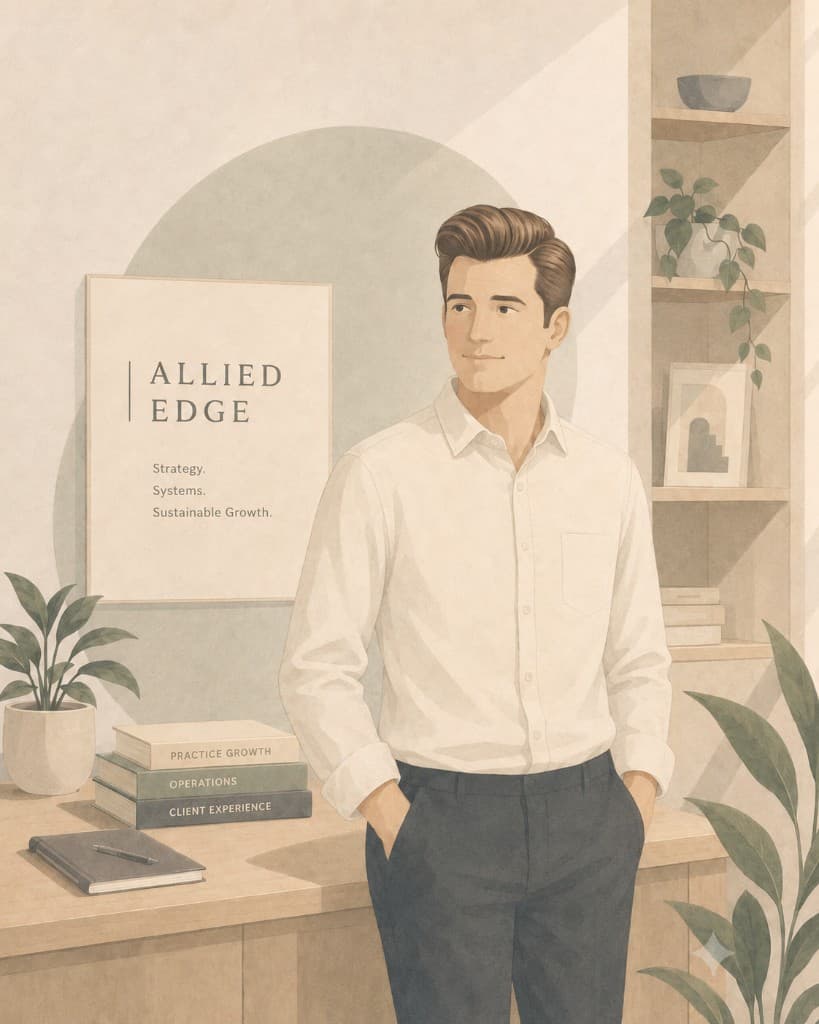 Eric, founder of Allied Edge, in a professional office with resources for scaling therapy practices