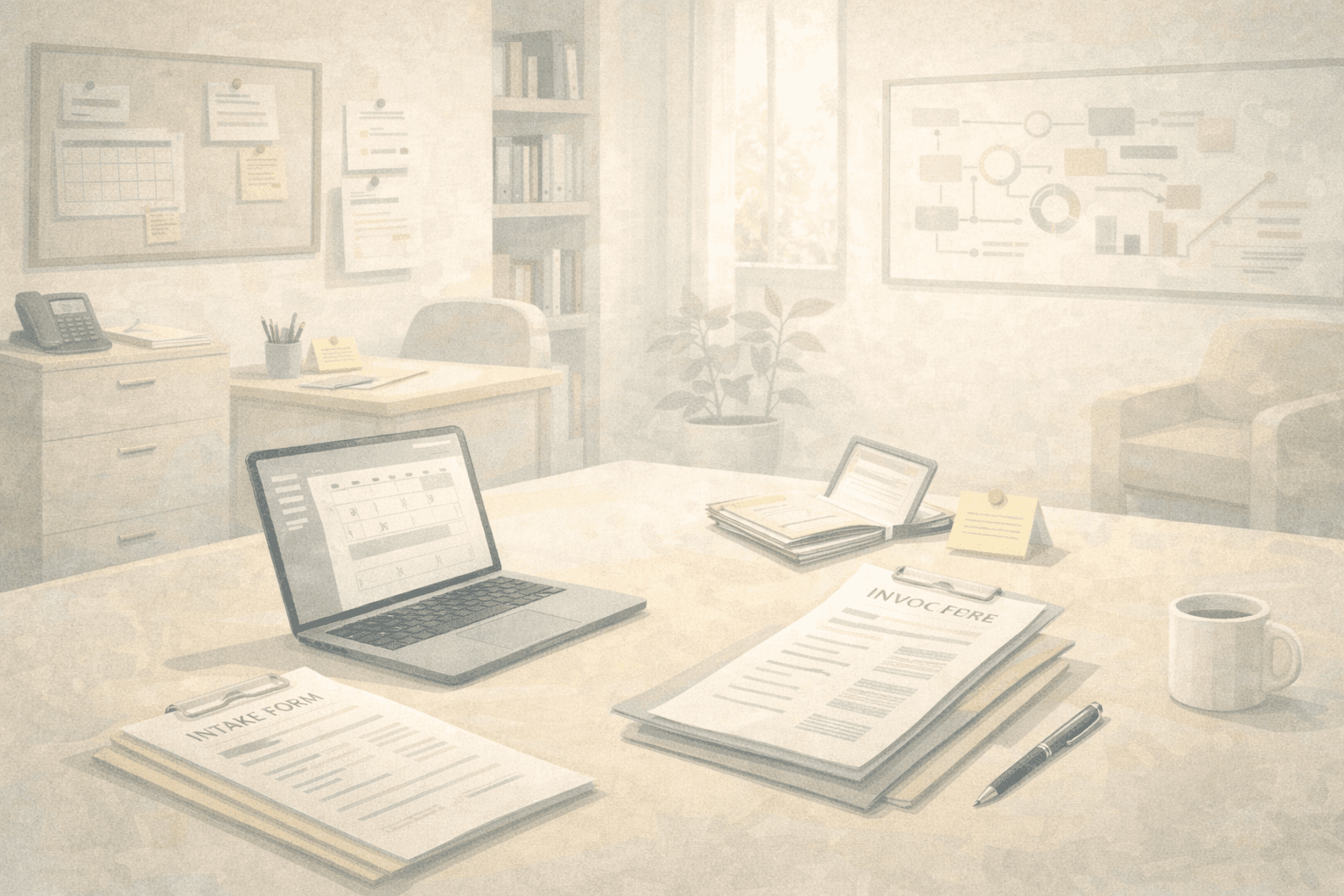 Behind-the-scenes of therapy practice operations - organized office workspace