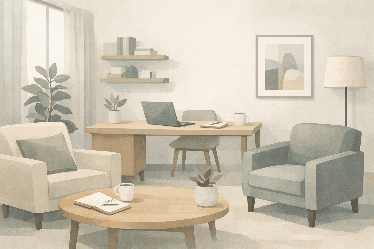 Modern therapy office with comfortable seating and calming atmosphere
