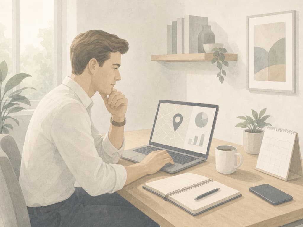 Clinic owner reviewing local SEO and map visibility metrics for a therapy practice