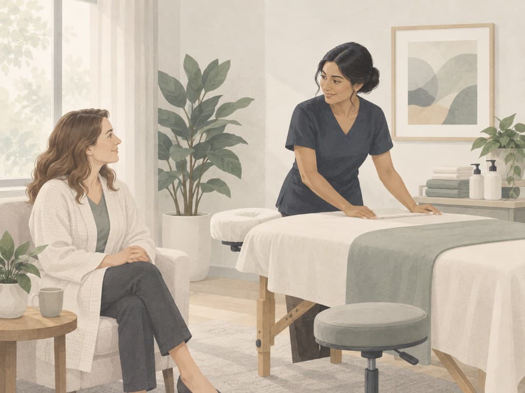 Calm massage therapy treatment room with a prepared table