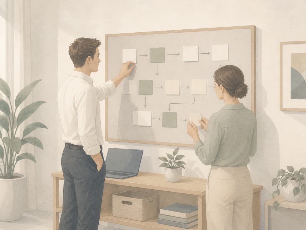 Clinic owner and consultant mapping practice operations systems on a whiteboard