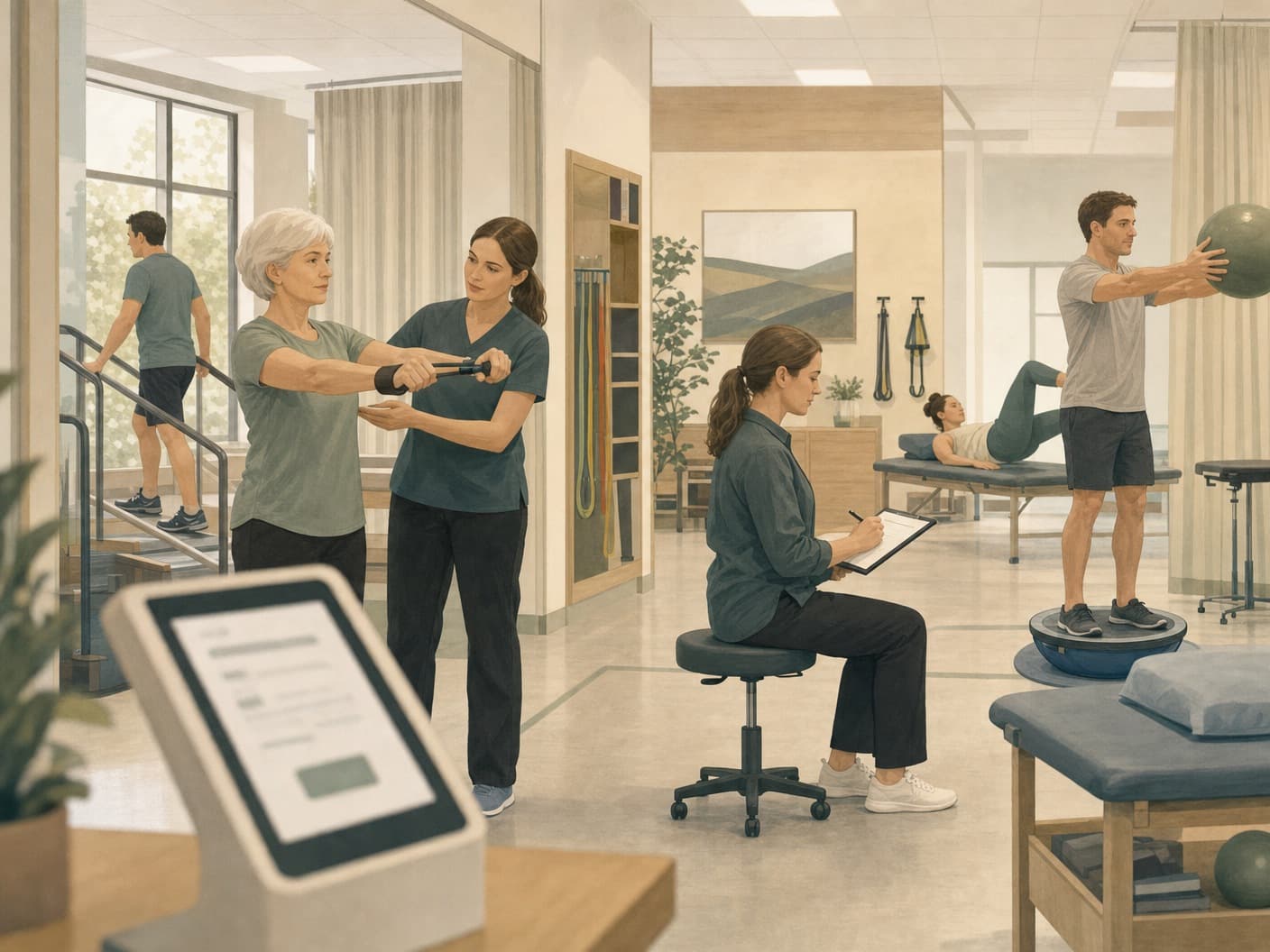 Active physiotherapy clinic floor with patients in rehab and a booking kiosk at the front