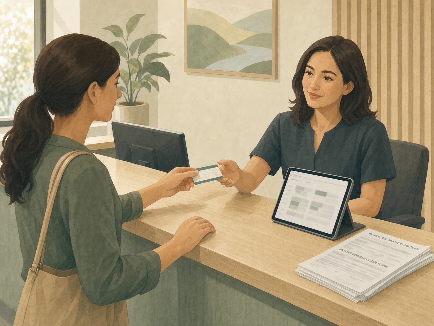 Physio reception counter with insurance card and tablet booking for direct billing