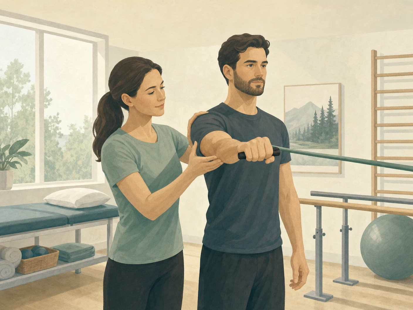 Physiotherapist guiding a patient through resistance-band rehab in a bright clinic