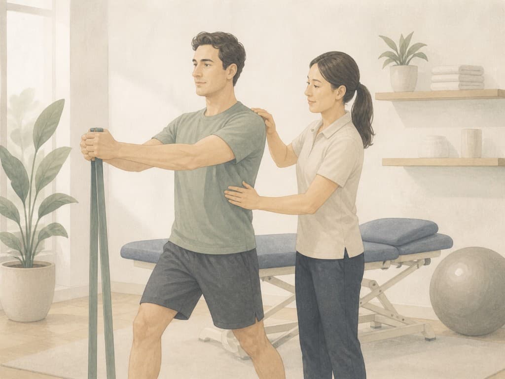 Physiotherapist coaching a patient through resistance band exercises in a bright rehabilitation clinic