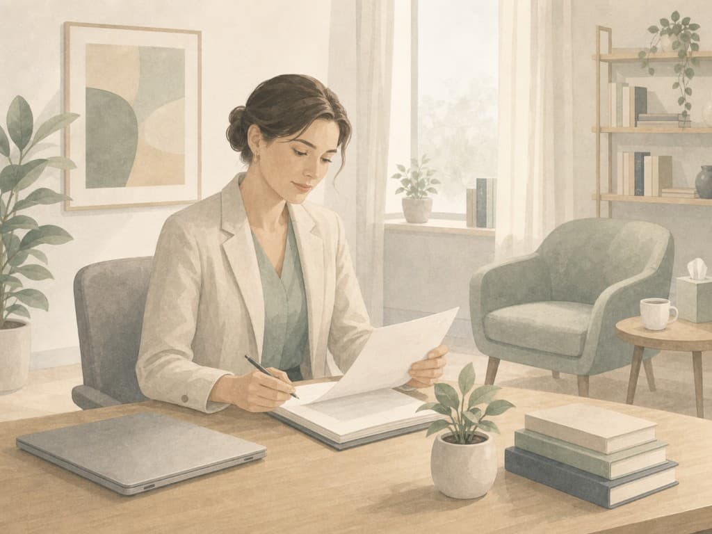 Psychologist in a consultation room preparing for a session