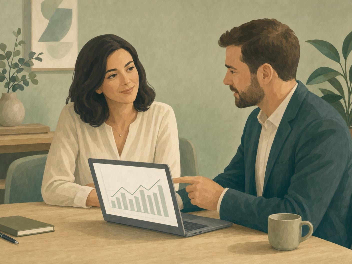 Therapist and consultant reviewing a clean local search analytics chart