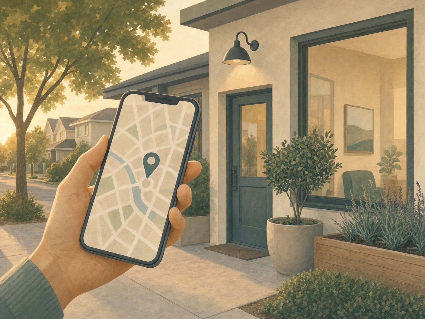 Therapist holding a phone with a neighbourhood map pin outside a clinic