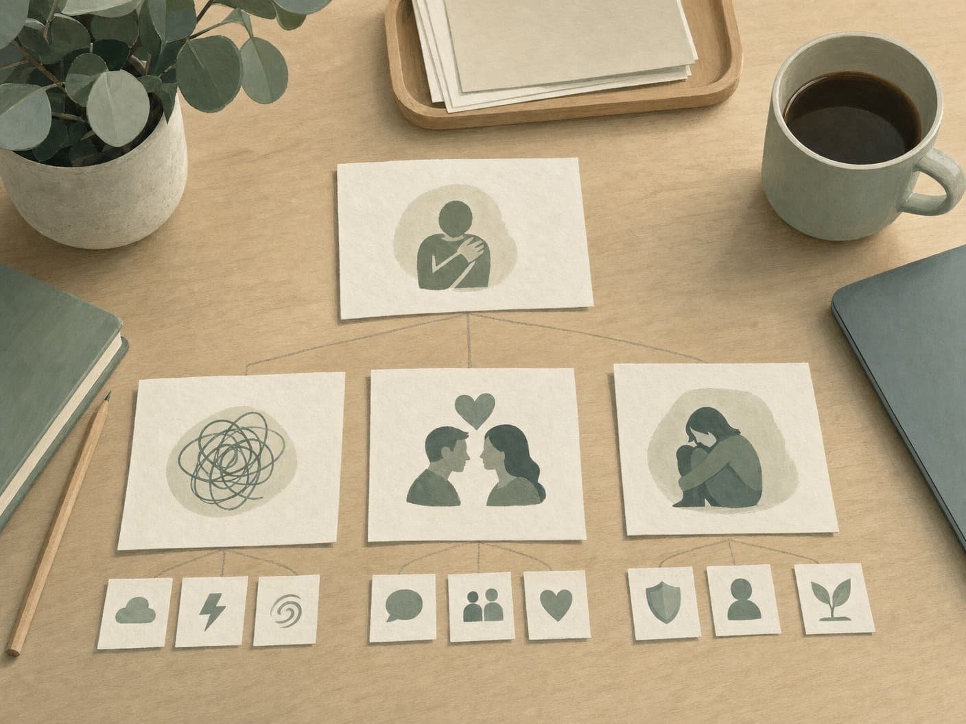 Printed service-page sitemap cards on a clean desk for a therapy practice
