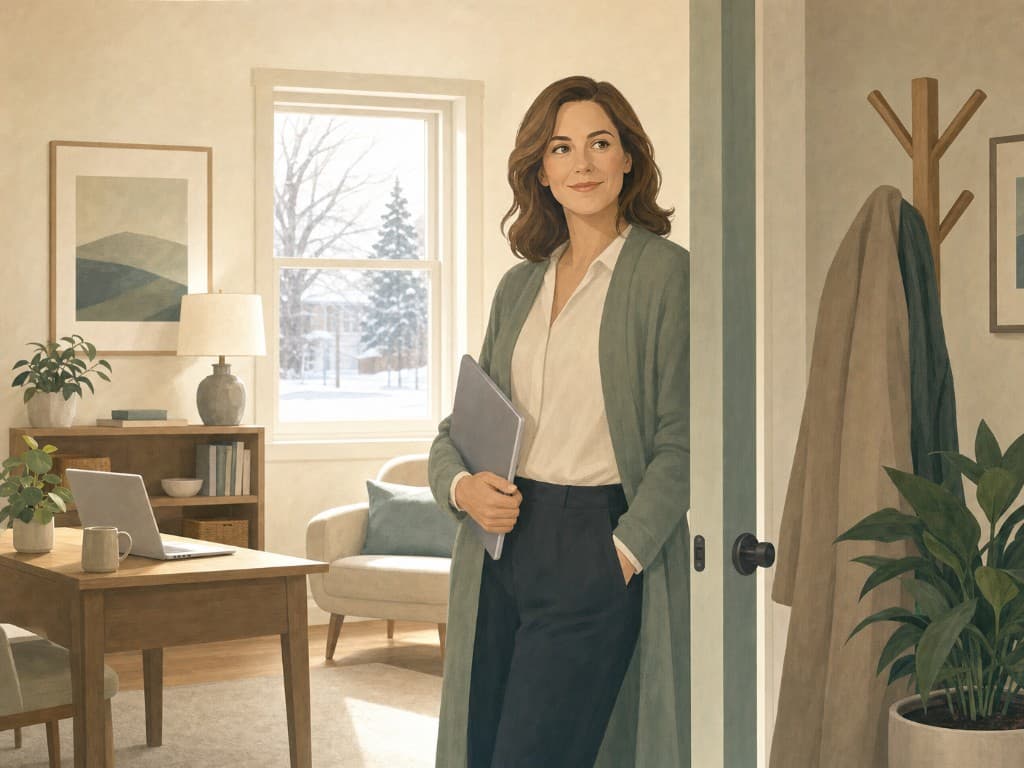 Therapist standing in the doorway of a bright private practice office in winter light