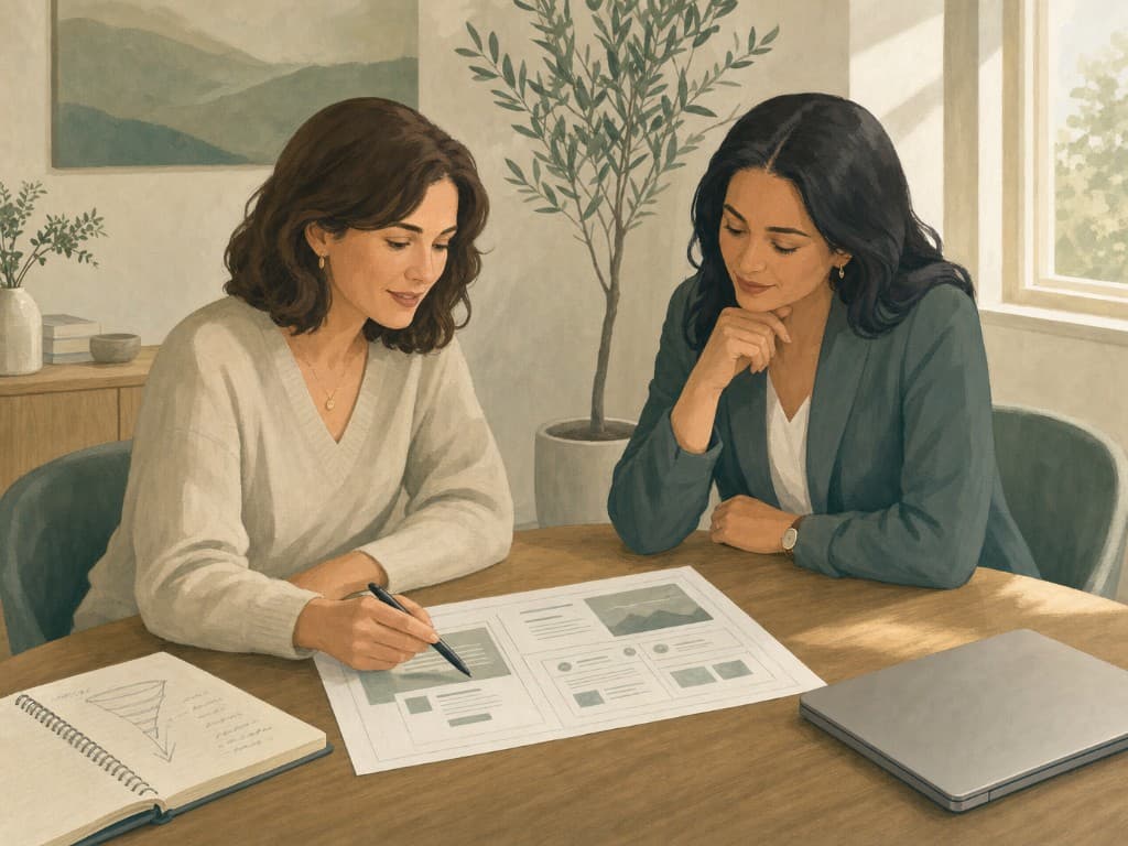 Therapist and consultant reviewing a practice website wireframe in a calm Ontario office
