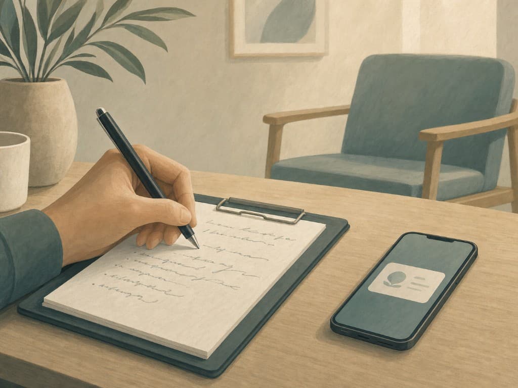 Therapist writing intake notes beside a phone in a quiet consultation room