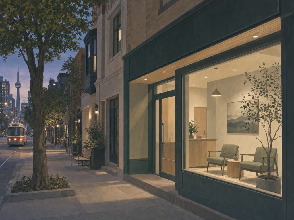 Toronto clinic storefront at dusk with a streetcar and CN Tower in the distance