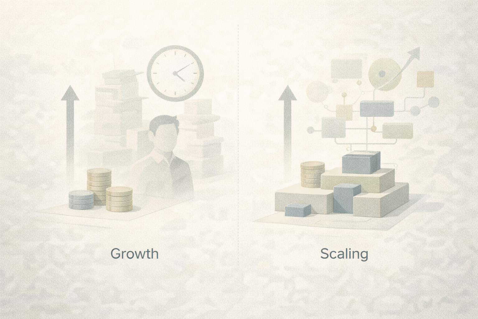 Comparison of growth (more revenue with overwhelming workload) versus scaling (organized systems and capacity) in a therapy practice