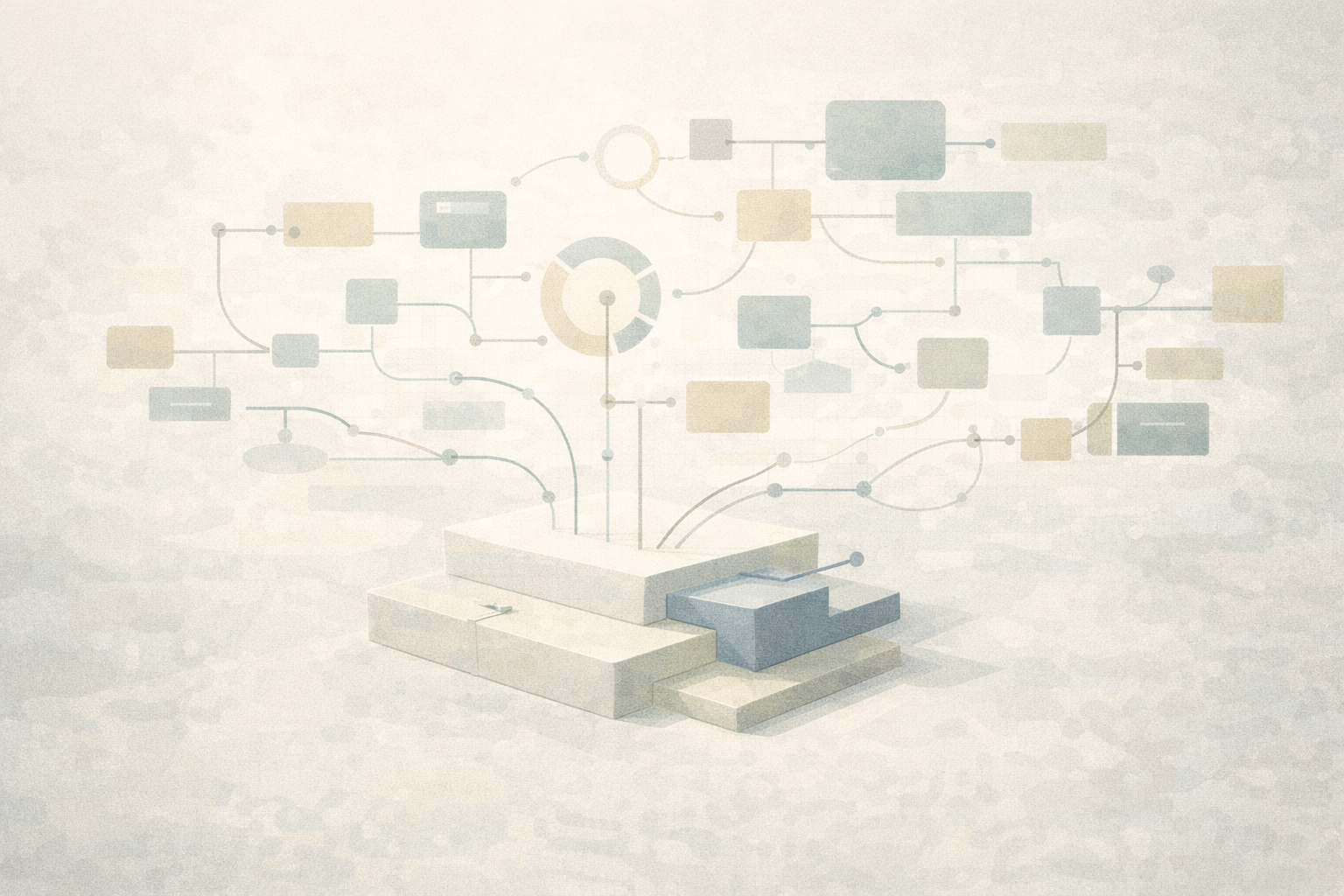 Abstract illustration of structured systems and operational leverage building from a clear foundation—scalable practice design